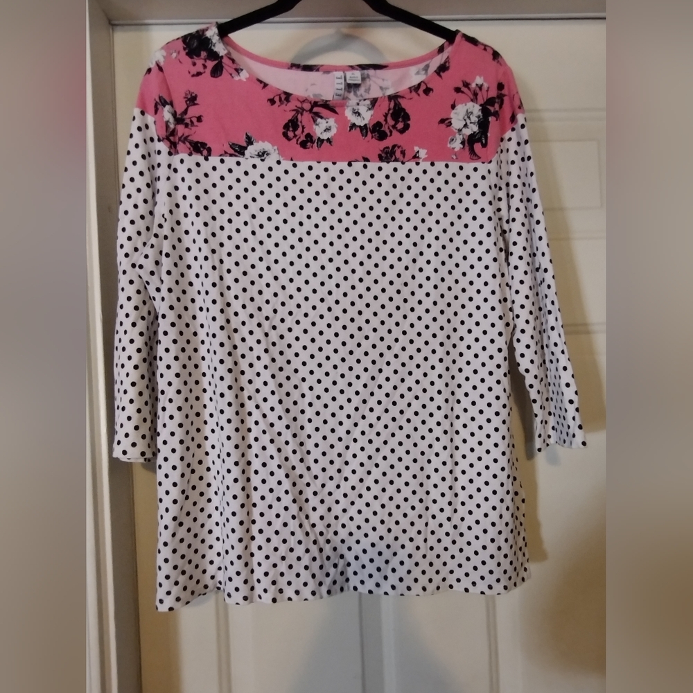 Elle Pink Floral Black and White Polka Dot Blouse